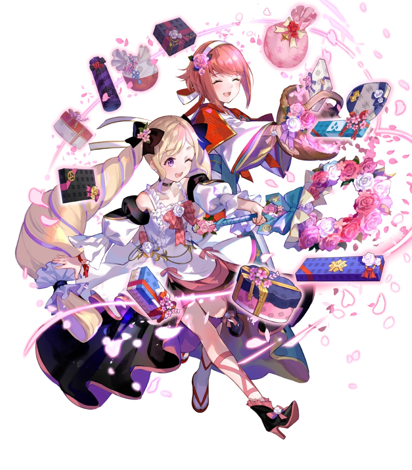 2girls ankle_boots basket blonde_hair boots bow box capelet choker dress earrings elise_(fire_emblem) fire_emblem fire_emblem_fates fire_emblem_heroes floating floating_object flower frills full_body fuzichoco gift gift_box glowing hair_bow hair_ornament hairband high_heels highres holding japanese_clothes jewelry long_hair long_sleeves looking_away multicolored_hair multiple_girls non-web_source official_art one_eye_closed open_mouth petals pink_hair puffy_sleeves purple_eyes purple_hair red_eyes ribbon sakura_(fire_emblem) smile staff tabi transparent_background two-tone_hair wide_sleeves