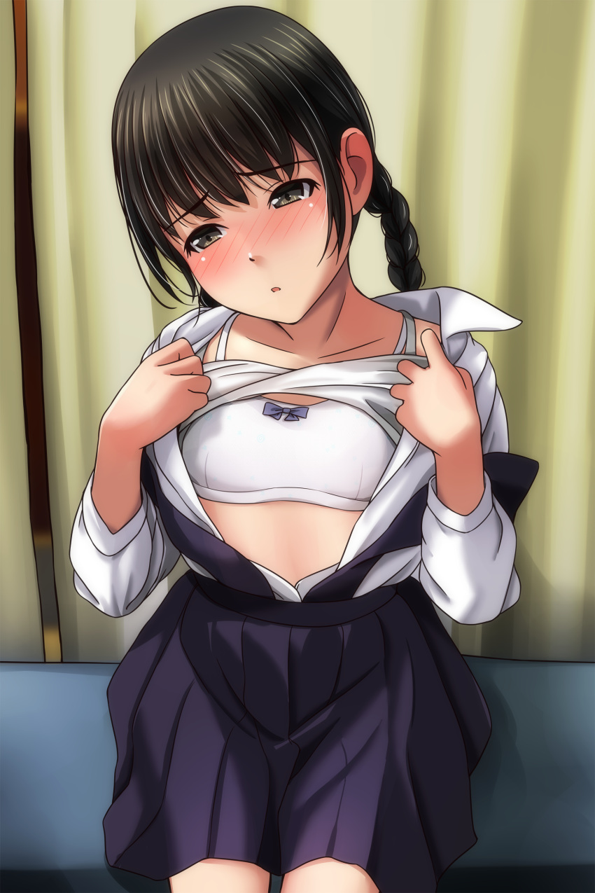 absurdres bangs black_hair black_skirt blush bow bow_bra bra braid brown_eyes camisole camisole_lift collarbone collared_shirt curtains dress_shirt half-closed_eyes hands_up head_tilt highres lifted_by_self long_hair low_twintails matsunaga_kouyou nose_blush open_clothes open_shirt original parted_lips pleated_skirt school_uniform shirt sitting skirt suspender_skirt suspenders twin_braids twintails underwear white_bra white_camisole white_shirt