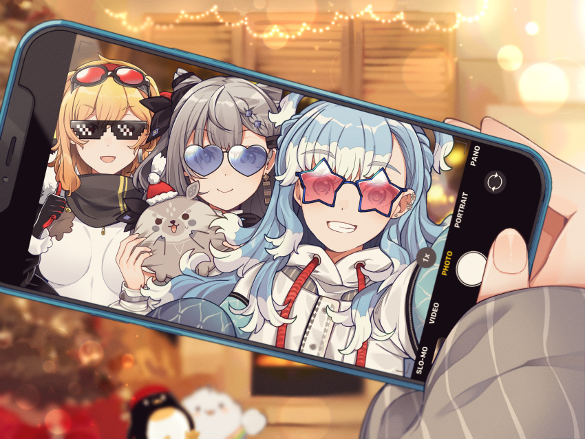 3girls bandana bandana_around_neck bangs black_bandana blonde_hair blue_hair blurry blurry_background cellphone christmas_tree commentary cone_hair_bun deal_with_it_(meme) english_commentary eyewear_on_head goggles goggles_on_head grey_hair grin hair_bun heart heart-shaped_eyewear highres holding holding_phone hololive hololive_indonesia hood hooded_jacket indoors jacket kaela_kovalskia kobo_kanaeru long_hair long_sleeves meme mitsumine_(ookami_no_oyashiro) multicolored_hair multiple_girls open_mouth phone pov red_goggles selfie smartphone smile star-shaped_eyewear stuffed_animal stuffed_toy two-tone_dress two-tone_gloves two-tone_hair vestia_zeta virtual_youtuber white_hair