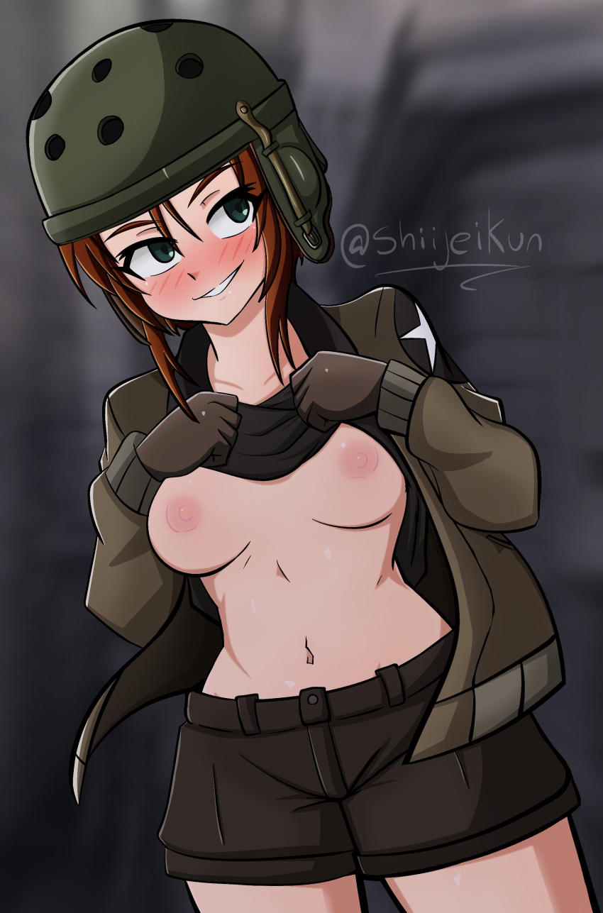 1girl absurdres bangs black_gloves black_shirt black_shorts blush breasts brown_eyes brown_hair brown_jacket clothes_lift cowboy_shot emblem english_commentary girls_und_panzer gloves green_headwear grin helmet helmet-chan_(girls_und_panzer) highres jacket lifted_by_self long_sleeves looking_at_viewer medium_breasts military military_uniform navel nipples open_clothes open_jacket saunders_military_uniform shiijeikun shirt shirt_lift short_hair short_shorts shorts sidelocks smile solo standing star_(symbol) tank_helmet twitter_username uniform