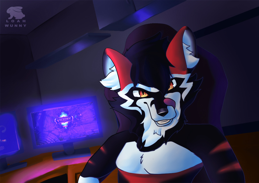 black_body black_fur black_nose canid canine canis detailed_background digital_drawing_(artwork) digital_media_(artwork) fan_character fur gaming_chair hi_res loah_wunny male mammal mao_feitan monitor red_body red_fur sitting smile smiling_at_viewer solo solo_focus tongue tongue_out wolf