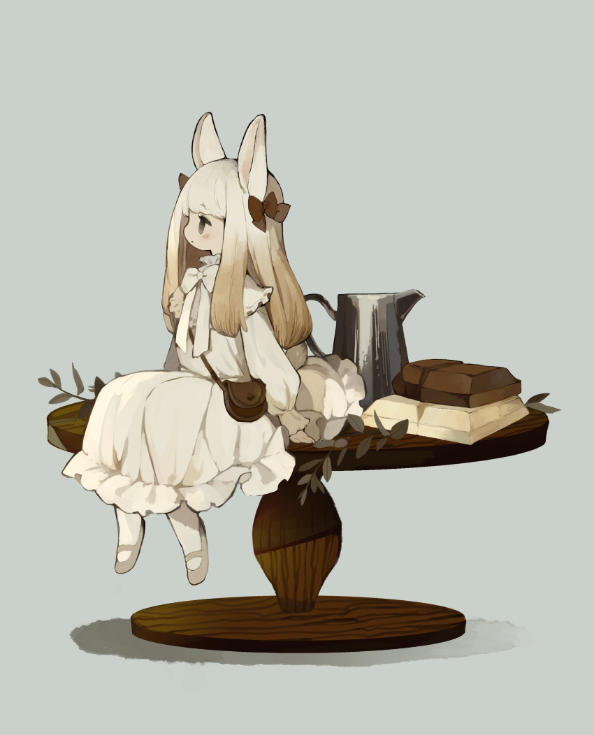 1girl absurdres animal_ears arms_at_sides bag blush brown_bag chocolate grey_eyes handbag highres light_blush long_hair looking_to_the_side mary_janes original parted_lips pitcher_(container) rabbit_ears rabbit_girl rabbit_tail sakutake_(ue3sayu) shoes sidelocks sitting sitting_on_table solo table tail white_chocolate