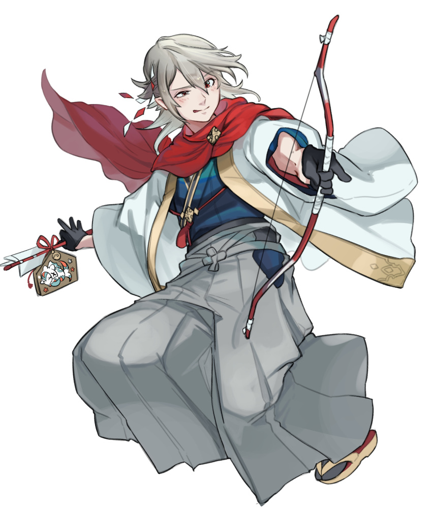 1boy arrow_(projectile) bangs black_socks bow_(weapon) character_print commentary corrin_(fire_emblem) corrin_(male)_(fire_emblem) corrin_(male)_(new_year)_(fire_emblem) english_commentary fire_emblem fire_emblem_fates fire_emblem_heroes full_body grey_hair grey_hakama hair_between_eyes hakama highres holding holding_arrow holding_bow_(weapon) holding_weapon japanese_clothes kimono lilith_(fire_emblem) looking_away male_focus misokatsuhaumai open_clothes open_kimono pointy_ears red_eyes red_scarf sandals scarf short_hair simple_background socks solo tongue tongue_out weapon white_background wide_sleeves