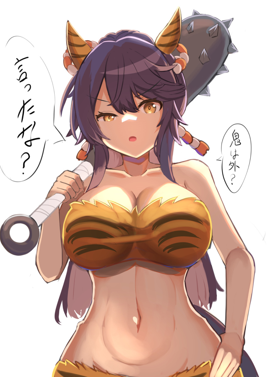 1girl :o animal_ears animal_print bandaid bandaid_on_face bandaid_on_nose bangs bare_shoulders bikini black_hair breasts carrying_over_shoulder cleavage club_(weapon) collarbone commentary_request cowboy_shot ear_covers groin hair_between_eyes hand_on_hip highres holding_club horns horse_ears horse_girl horse_tail large_breasts long_hair looking_at_viewer midriff narita_brian_(umamusume) navel open_mouth ponytail print_bikini rope shimenawa sidelocks simple_background solo speech_bubble spiked_club standing strapless strapless_bikini swimsuit tail tiger_print translation_request umamusume weapon white_background yellow_eyes yuutopia