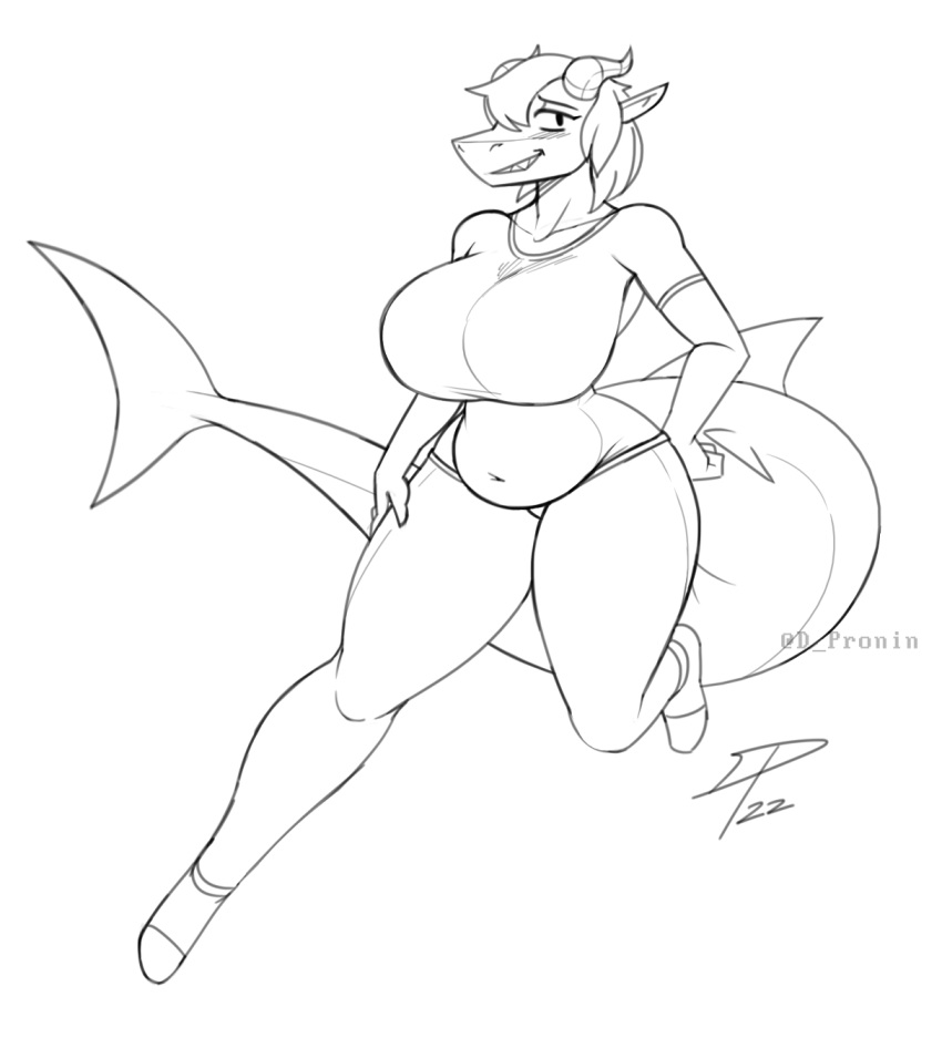 2022 anthro big_breasts bottomwear breasts clothing dpronin dragon eyebrows female fish hair hair_over_eye hand_on_hip hand_on_leg hand_on_thigh hi_res horn hybrid looking_at_viewer marine midriff navel nervous_smile one_eye_obstructed pants potbelly raised_eyebrow scalie shark signature slightly_chubby smile solo