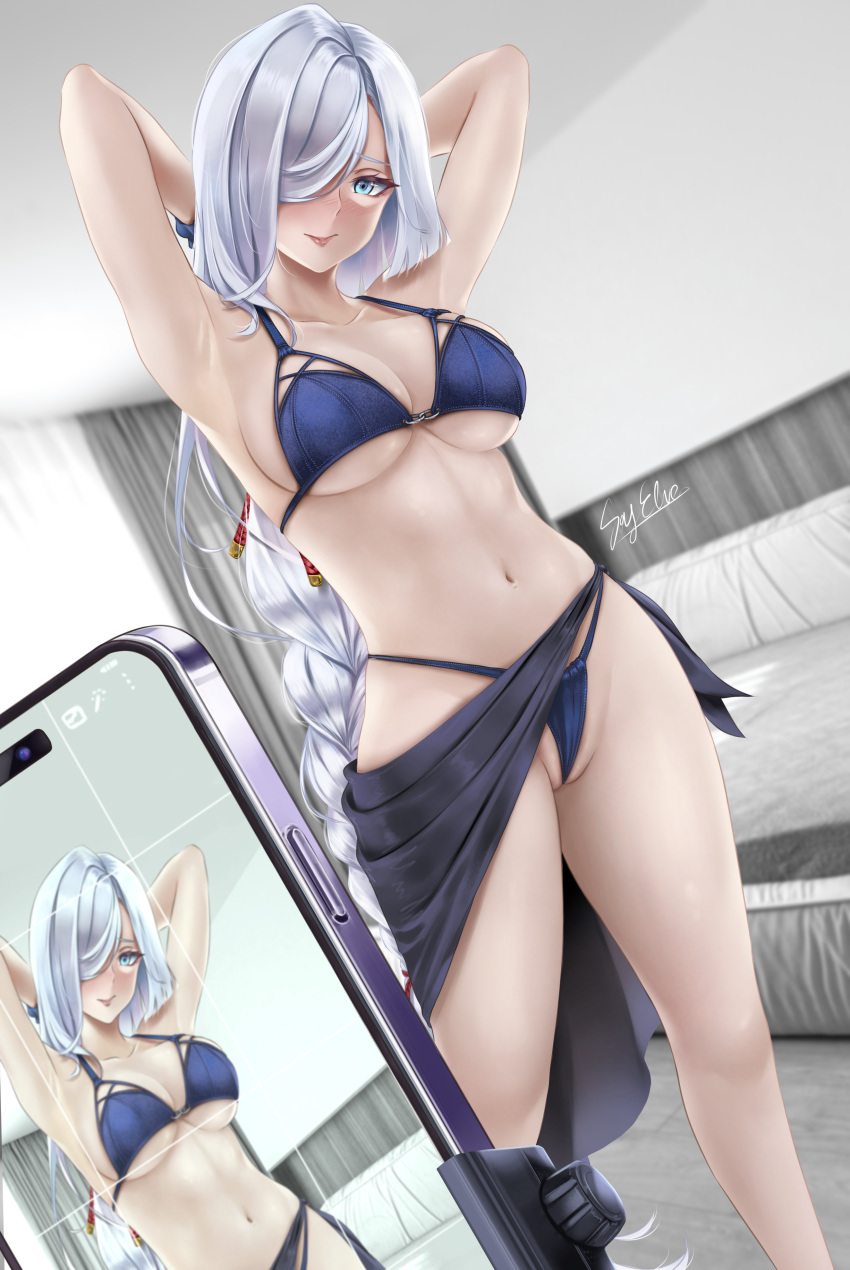 1girl absurdres alternate_costume armpits arms_behind_head arms_up bangs bare_arms bare_shoulders bed bikini black_skirt blue_bikini blue_eyes blurry blurry_background blush braid braided_ponytail breasts cellphone cleavage closed_mouth contemporary curtains feet_out_of_frame genshin_impact hair_over_one_eye halterneck highleg highleg_bikini highres indoors large_breasts lips long_hair navel one_eye_covered partially_visible_vulva phone shenhe_(genshin_impact) side-tie_skirt sidelocks signature single_braid skirt smartphone soy'elve standing stomach string_bikini swimsuit taking_picture thighs thong_bikini underboob very_long_hair viewfinder white_hair