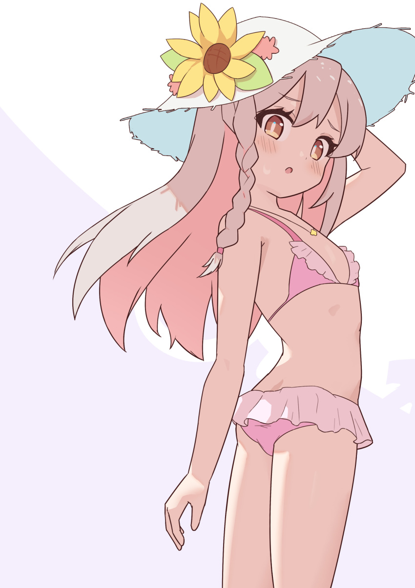 1girl :o absurdres arm_up ass bangs bare_arms bare_shoulders bikini blush braid brown_eyes colored_inner_hair commentary dodo24850918 flat_ass flat_chest flower frilled_bikini frills grey_hair hat hat_flower highres jewelry looking_at_viewer looking_back multicolored_hair onii-chan_wa_oshimai! open_mouth oyama_mahiro pendant pink_bikini pink_hair side_braid simple_background single_braid solo sun_hat swimsuit two-tone_hair white_background