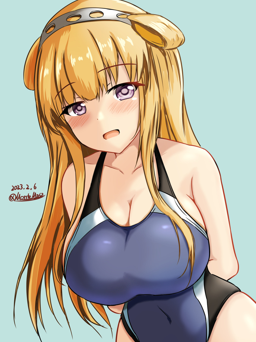 1girl aqua_background black_one-piece_swimsuit blonde_hair blue_one-piece_swimsuit blush breasts competition_swimsuit dated double_bun fletcher_(kancolle) hair_bun hairband highleg highleg_swimsuit highres impossible_clothes impossible_swimsuit kantai_collection large_breasts long_hair montemasa one-hour_drawing_challenge one-piece_swimsuit open_mouth purple_eyes simple_background solo swimsuit twitter_username two-tone_swimsuit