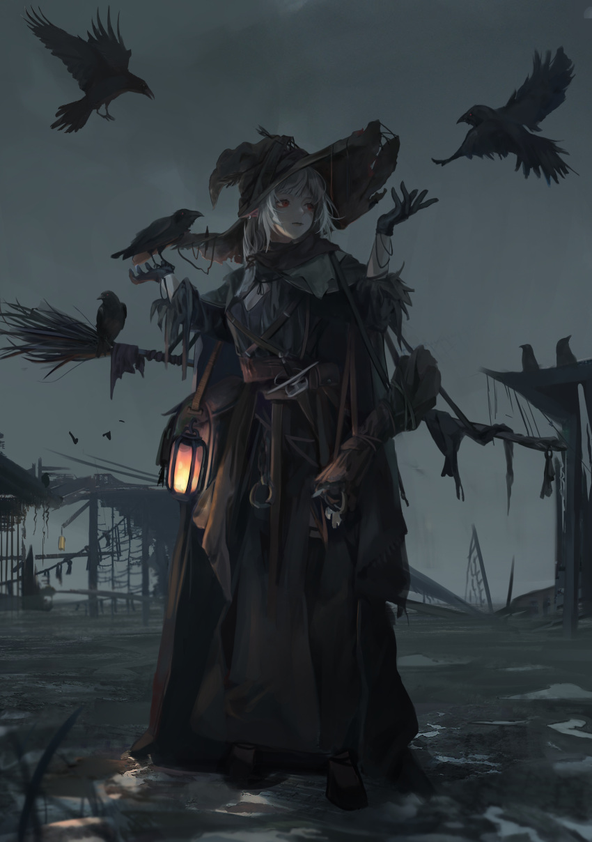 1girl absurdres animal bangs bird black_gloves broom brown_cloak brown_headwear cloak closed_mouth crow cuffs dagger earrings gloves grey_hair handcuffs hat highres jenmin12 jewelry knife lamp long_hair long_sleeves looking_to_the_side night original outdoors pointy_ears sheath sheathed solo standing torn_clothes torn_hat weapon witch