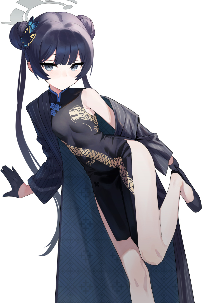 1girl absurdres bare_legs black_coat black_dress black_footwear black_gloves black_hair blue_archive blush breasts butterfly_hair_ornament china_dress chinese_clothes coat double_bun dragon_print dress feet gloves hair_bun hair_ornament halo highres kisaki_(blue_archive) long_hair looking_at_viewer pelvic_curtain pyytato side_slit simple_background skin_tight sleeveless sleeveless_dress small_breasts solo standing standing_on_one_leg twintails vertical-striped_coat very_long_hair white_background
