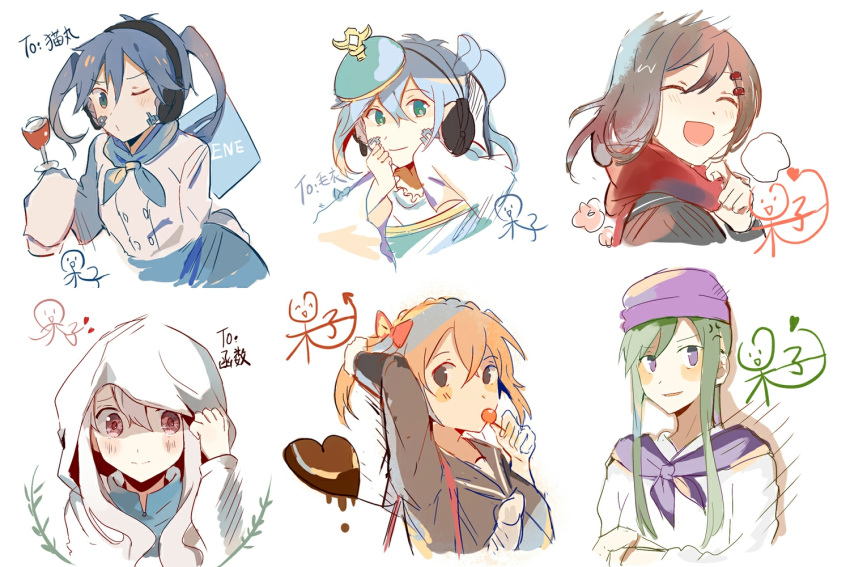 5girls ^_^ adjusting_hood alternate_costume aqua_eyes black_sailor_collar black_serafuku blue_dress blue_eyes blue_hair blue_neckerchief blue_skirt blunt_ends blush_stickers bow brown_eyes brown_hair buttons candy character_name chinese_commentary chinese_text chocolate closed_eyes closed_mouth collared_dress commentary cropped_torso cup double-breasted dress drinking_glass dual_persona ene_(kagerou_project) enpera facial_mark facing_viewer food from_side green_hair hair_between_eyes hair_bow hair_ornament hairclip hand_in_own_hair hand_up hat headgear headphones heart heart-shaped_chocolate holding holding_cup hood hood_up hoodie kagerou_project kido_tsubomi kisaragi_momo kozakura_marry long_sleeves looking_at_viewer mekakucity_actors multiple_girls neckerchief one_side_up open_mouth orange_hair otorigg pink_eyes purple_eyes purple_headwear purple_neckerchief red_bow red_scarf sailor_collar scarf school_uniform serafuku shirt sidelocks simple_background sketch skirt smile stick_figure tateyama_ayano twintails upper_body white_background white_hair white_hoodie white_neckerchief white_shirt wide_sleeves wine_glass