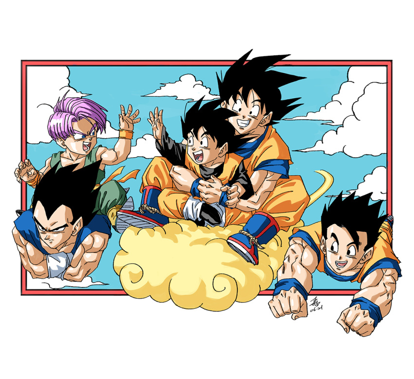 5boys black_eyes black_hair blue_eyes clenched_hands cloud commentary_request crossed_arms dougi dragon_ball dragon_ball_z father's_day father_and_son flying flying_nimbus forest_1988 frown grin hug hug_from_behind male_focus multiple_boys muscular muscular_male official_style open_mouth purple_hair riding smile son_gohan son_goku son_goten toriyama_akira_(style) trunks_(dragon_ball) vegeta wristband