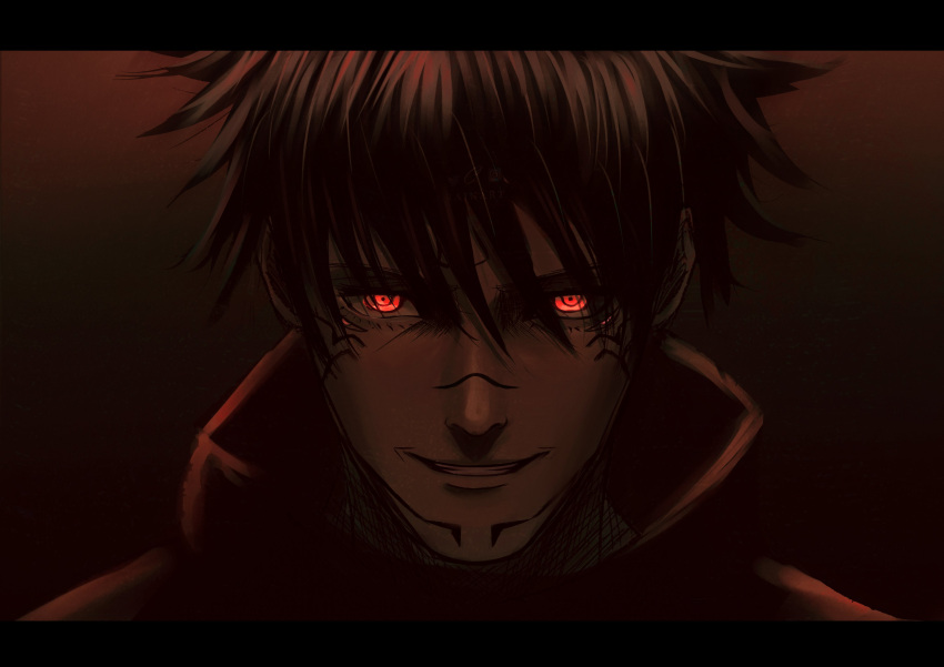 1boy absurdres bangs black_hair black_jacket crain1art extra_eyes facial_tattoo fushiguro_megumi grin hair_between_eyes high_collar highres jacket jujutsu_kaisen looking_at_viewer male_focus portrait red_background red_eyes ryoumen_sukuna_(jujutsu_kaisen) short_hair smile solo spoilers tattoo teeth