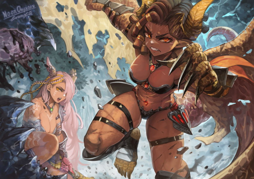 2girls abs arm_guards armor avatar_(ff14) bikini_armor blonde_hair braid breasts brown_hair cleavage dark-skinned_female dark_skin dragon_girl dragon_horns dragon_tail dragon_wings earclip eguchi_tumoru final_fantasy final_fantasy_xiv glowing glowing_eyes highres horns jewelry large_breasts long_hair multicolored_hair multiple_girls multiple_scars muscular muscular_female navel_piercing necklace pauldrons piercing pink_hair red_eyes ring_hair_ornament scales scar scar_on_breasts scar_on_leg scar_on_stomach shin_guards short_hair shoulder_armor side_braids single_pauldron slit_pupils spiked_pauldrons stomach tail tan very_long_hair warrior wings