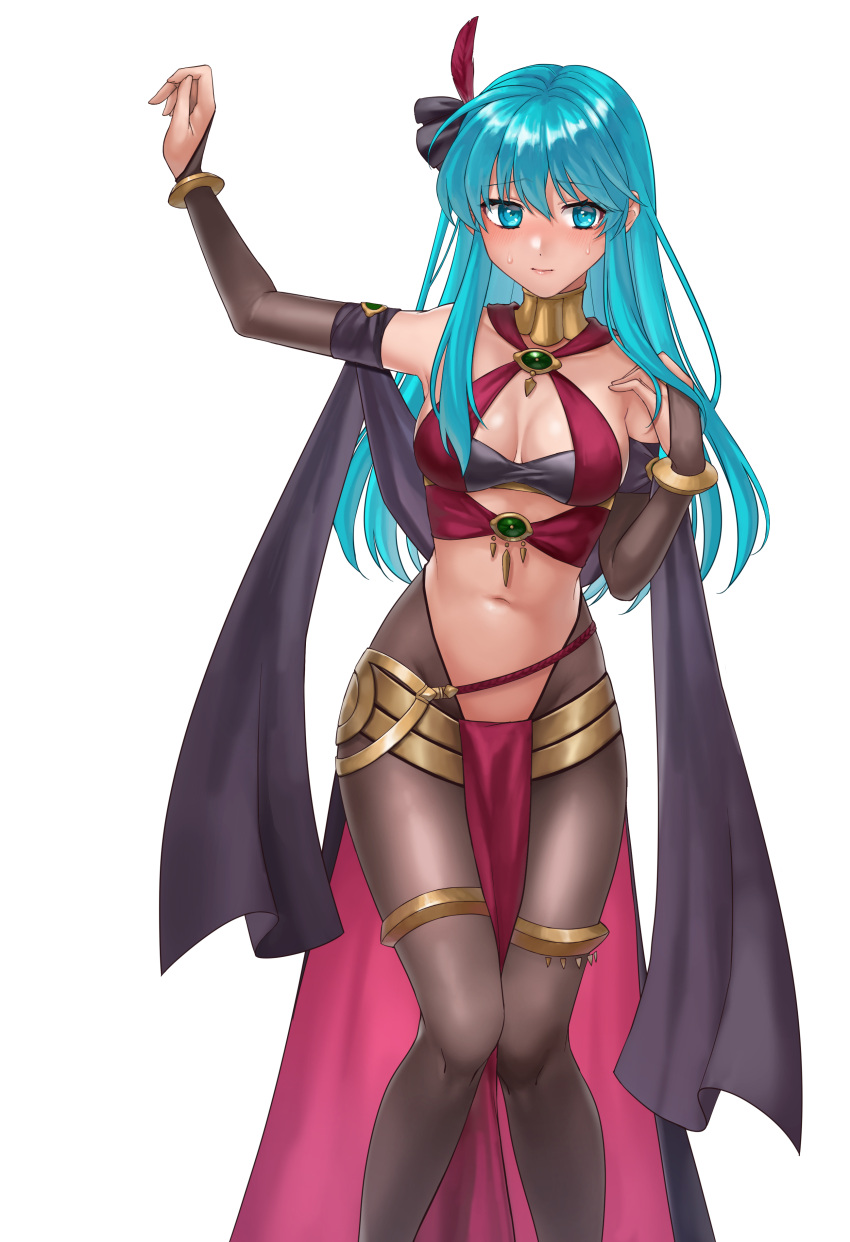 1girl absurdres bandeau bare_shoulders black_gloves black_pantyhose blue_eyes blue_hair bracelet bridal_gauntlets commentary_request criss-cross_halter eirika_(fire_emblem) elbow_gloves feather_hair_ornament feathers feet_out_of_frame fire_emblem fire_emblem:_the_sacred_stones gloves hair_between_eyes hair_ornament hair_ribbon halterneck harem_outfit hazuki_(nyorosuke) highres jewelry long_hair looking_at_viewer midriff navel neck_ring out_of_frame pantyhose pelvic_curtain ribbon shawl simple_background solo standing stomach thighlet thighs very_long_hair white_background