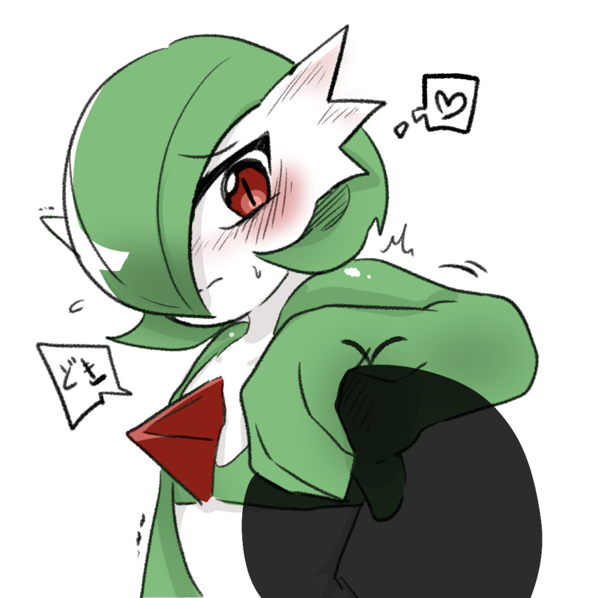 1girl 1other arm_up bangs blush bob_cut cheokcheokaksa closed_mouth colored_skin ear_blush embarrassed english_commentary flat_chest gardevoir green_hair green_skin hair_over_one_eye hand_on_another's_head heart highres korean_commentary looking_at_another mixed-language_commentary multicolored_skin nervous nose_blush one_eye_covered pokemon pokemon_(creature) raised_eyebrows red_eyes short_hair simple_background slit_pupils solo_focus speech_bubble split_mouth standing sweat thought_bubble translated trembling two-tone_skin upper_body white_background white_skin x-ray