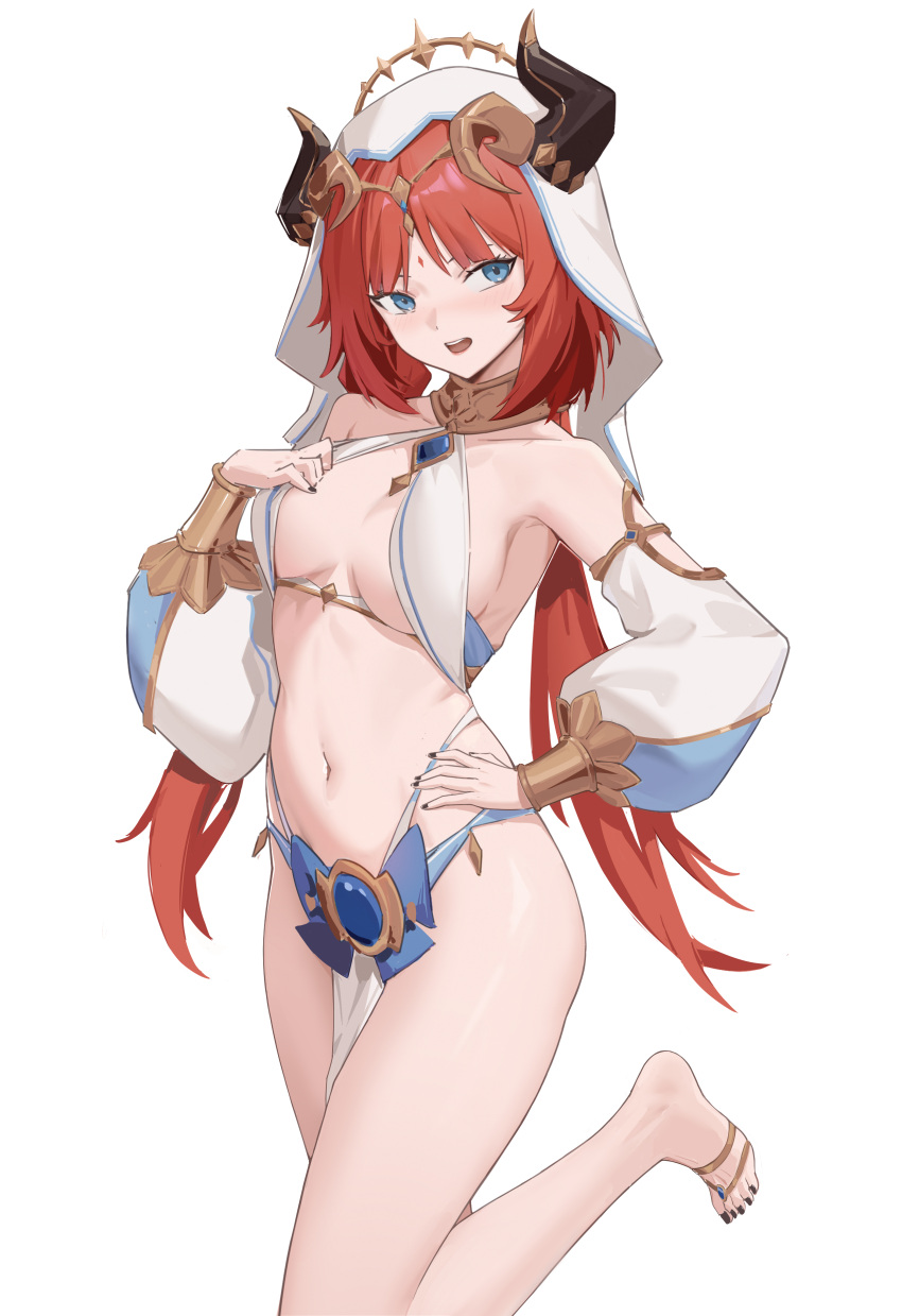 1girl absurdres armpits bangs bare_shoulders black_nails blue_eyes blue_gemstone bracer breasts brooch circlet crop_top detached_sleeves facial_mark fake_horns feet forehead_mark gem genshin_impact hand_on_hip hand_up harem_outfit highleg highleg_panties highres horns jewelry ke'ai_qu_qu leg_up long_sleeves looking_at_viewer medium_breasts nail_polish navel neck_ring nilou_(genshin_impact) open_mouth panties panty_straps parted_bangs pelvic_curtain puffy_long_sleeves puffy_sleeves red_hair simple_background solo standing standing_on_one_leg stomach teeth thighs toenail_polish toenails toes underwear upper_teeth_only white_background white_headwear white_sleeves