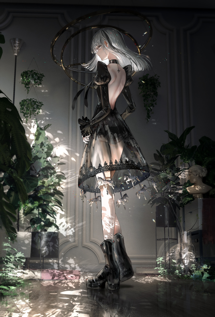 1girl absurdres backless_outfit bangs black_collar black_dress black_footwear boots bust_(sculpture) collar dappled_sunlight dress frilled_sleeves frills full_body gawako grey_eyes hanging_plant highres indoors juliet_sleeves long_hair long_sleeves looking_back multicolored_hair original plant potted_plant profile puffy_sleeves see-through see-through_dress skinny solo standing streaked_hair sunlight white_hair
