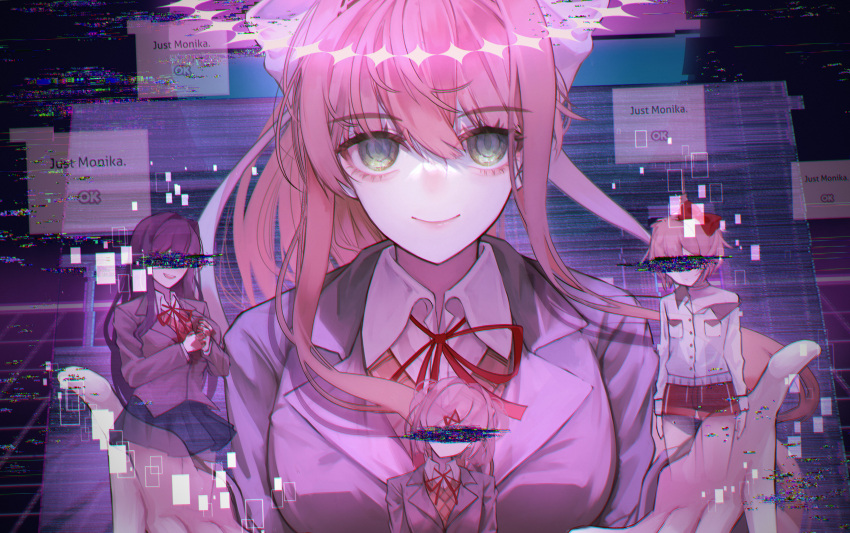 1girl :d absurdres bangs blood breasts brown_hair closed_mouth collared_shirt doki_doki_literature_club green_eyes hands_up highres large_breasts long_hair long_sleeves looking_at_viewer monika_(doki_doki_literature_club) natsuki_(doki_doki_literature_club) neck_ribbon ponytail red_ribbon ribbon sayori_(doki_doki_literature_club) shirt smile solo_focus upper_body wny_(wnys_art) yuri_(doki_doki_literature_club)