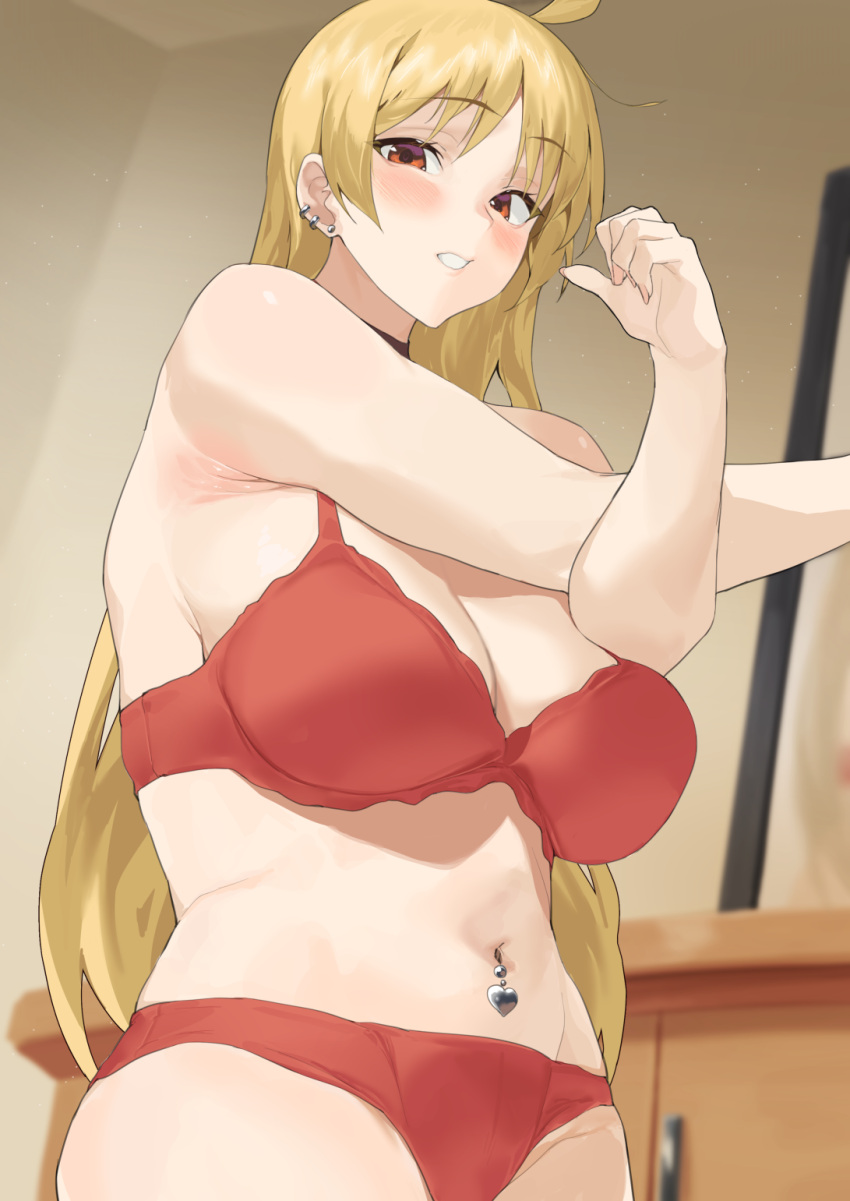 1girl ahoge bangs bare_shoulders blonde_hair blush bocchi_the_rock! bra breasts choker cleavage earrings highres ijichi_seika jewelry large_breasts long_hair looking_at_viewer mm_(yoromu) navel navel_piercing orange_eyes panties piercing red_bra red_panties solo underwear