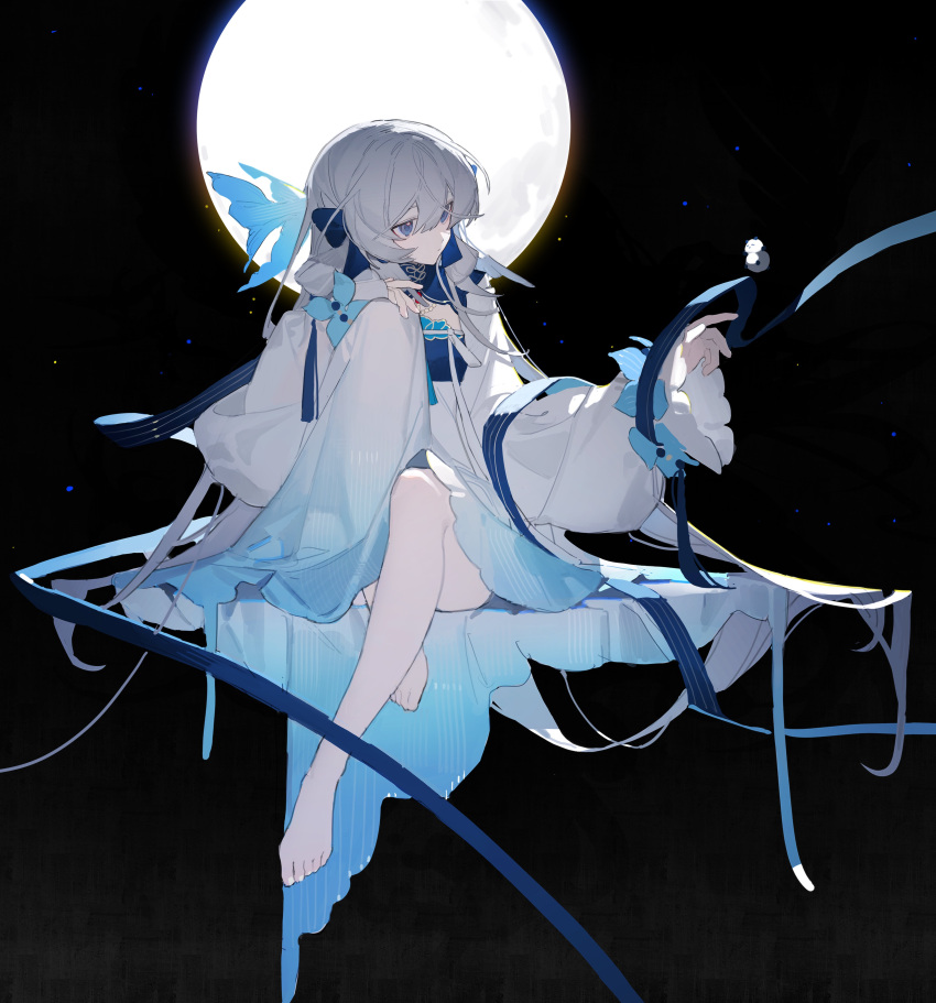 1girl absurdres arknights bangs barefoot blue_dress blue_eyes blue_ribbon closed_mouth dress fish full_body gradient_dress grey_hair hand_on_own_knee highres jacknife knee_up long_sleeves looking_at_object moon mulberry_(arknights) mulberry_(reflection_that_of_the_moons)_(arknights) official_alternate_costume ribbon sitting solo very_long_sleeves white_dress