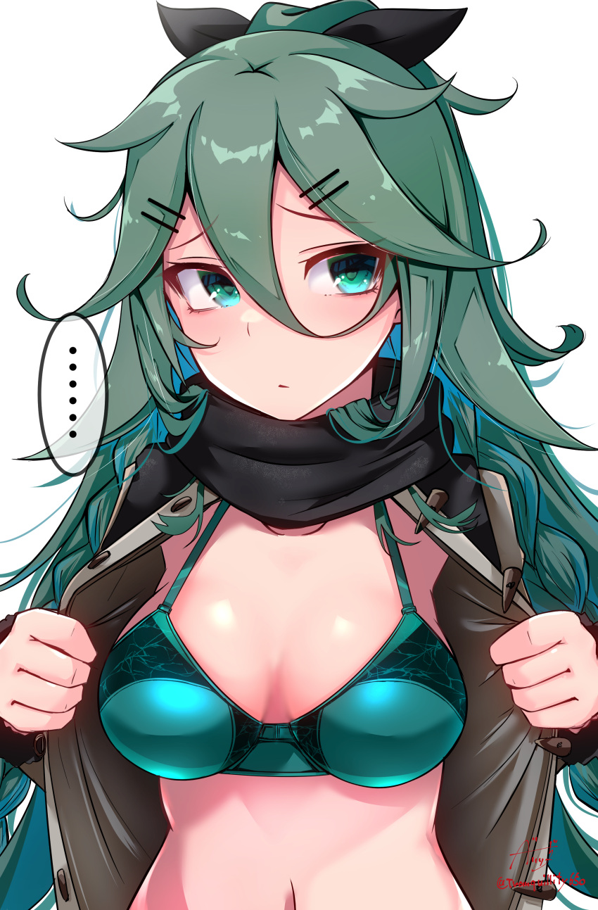 ... 1girl absurdres aqua_bra artist_name baileys_(tranquillity650) bangs black_ribbon black_scarf bra breasts brown_coat closed_mouth coat green_eyes green_hair hair_between_eyes hair_ribbon highres kantai_collection long_hair long_sleeves medium_breasts navel open_clothes open_coat ponytail ribbon scarf signature simple_background solo spoken_ellipsis twitter_username underwear upper_body white_background yamakaze_(kancolle)