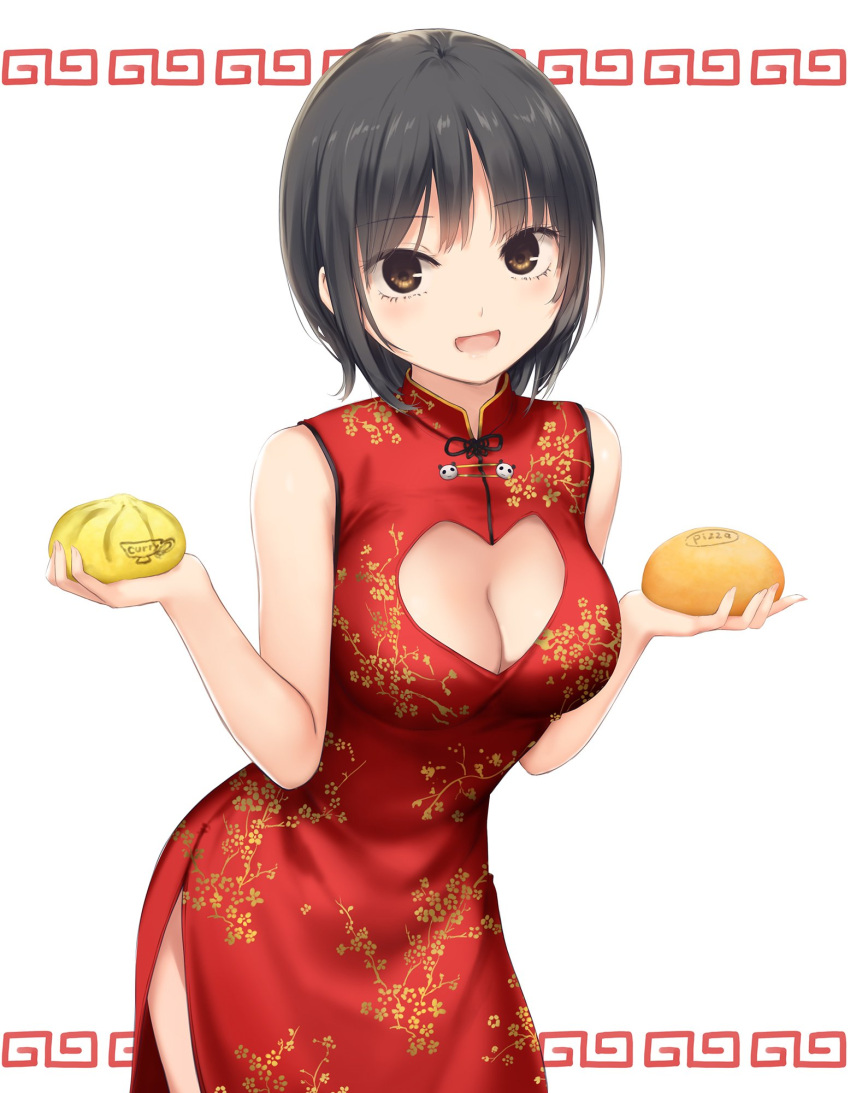 1girl aoyama_sumika bangs black_hair blunt_bangs blush breasts brown_eyes china_dress chinese_clothes cleavage cleavage_cutout clothing_cutout coffee-kizoku commentary_request dress food highres holding leaning_forward looking_at_viewer medium_breasts open_mouth original short_hair solo