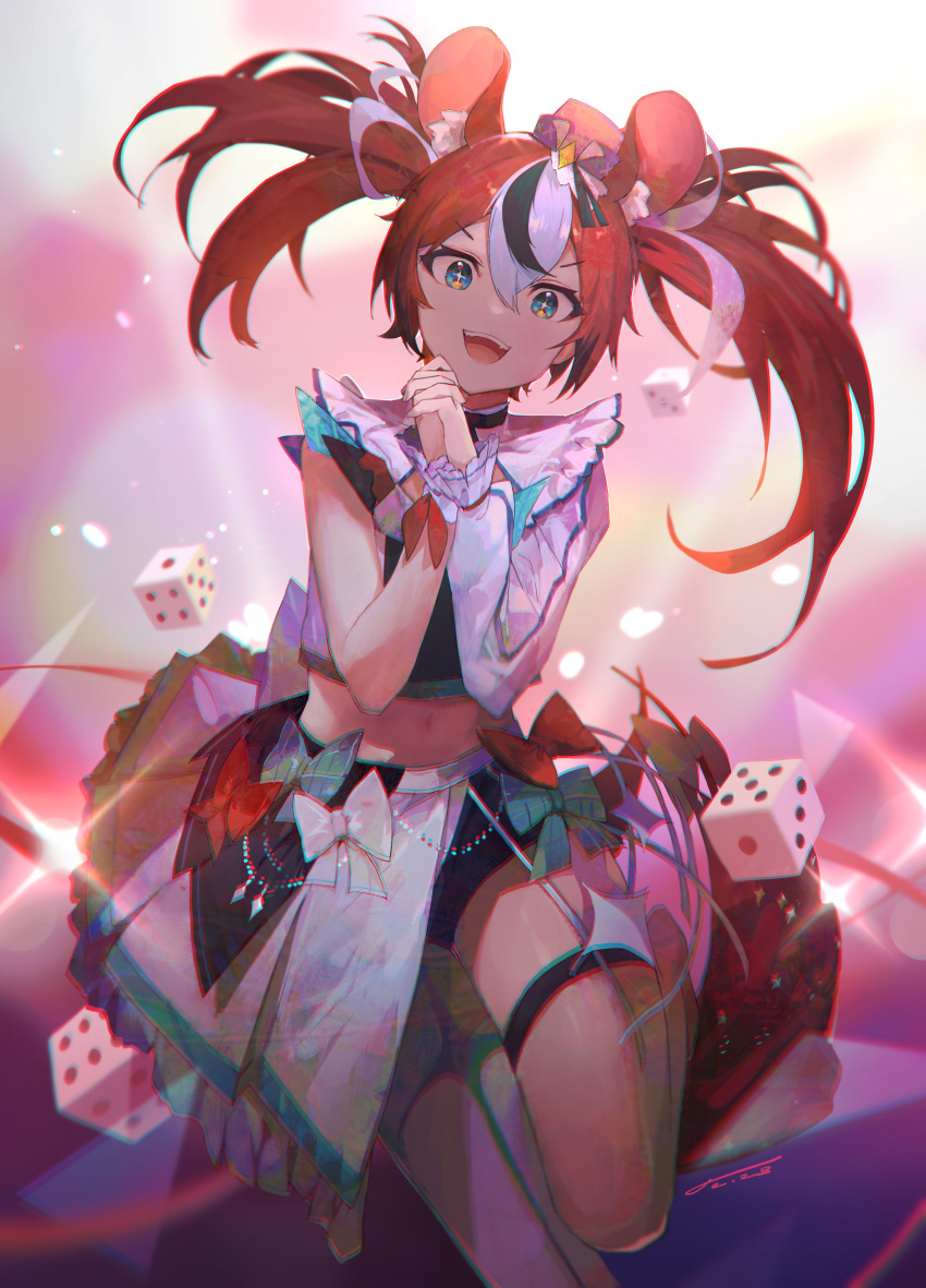 +_+ 1girl absurdres animal_ear_fluff animal_ears bangs black_hair blue_eyes bow chromatic_aberration dated dice fangs hair_between_eyes hakos_baelz half-skirt highres hololive hololive_english hololive_idol_uniform_(bright) idol jushoro leg_up looking_at_viewer micro_shorts midriff mouse_ears mouse_girl multicolored_hair navel open_mouth own_hands_clasped own_hands_together red_hair shorts single_leg_pantyhose single_sleeve solo streaked_hair thigh_strap twintails virtual_youtuber white_hair