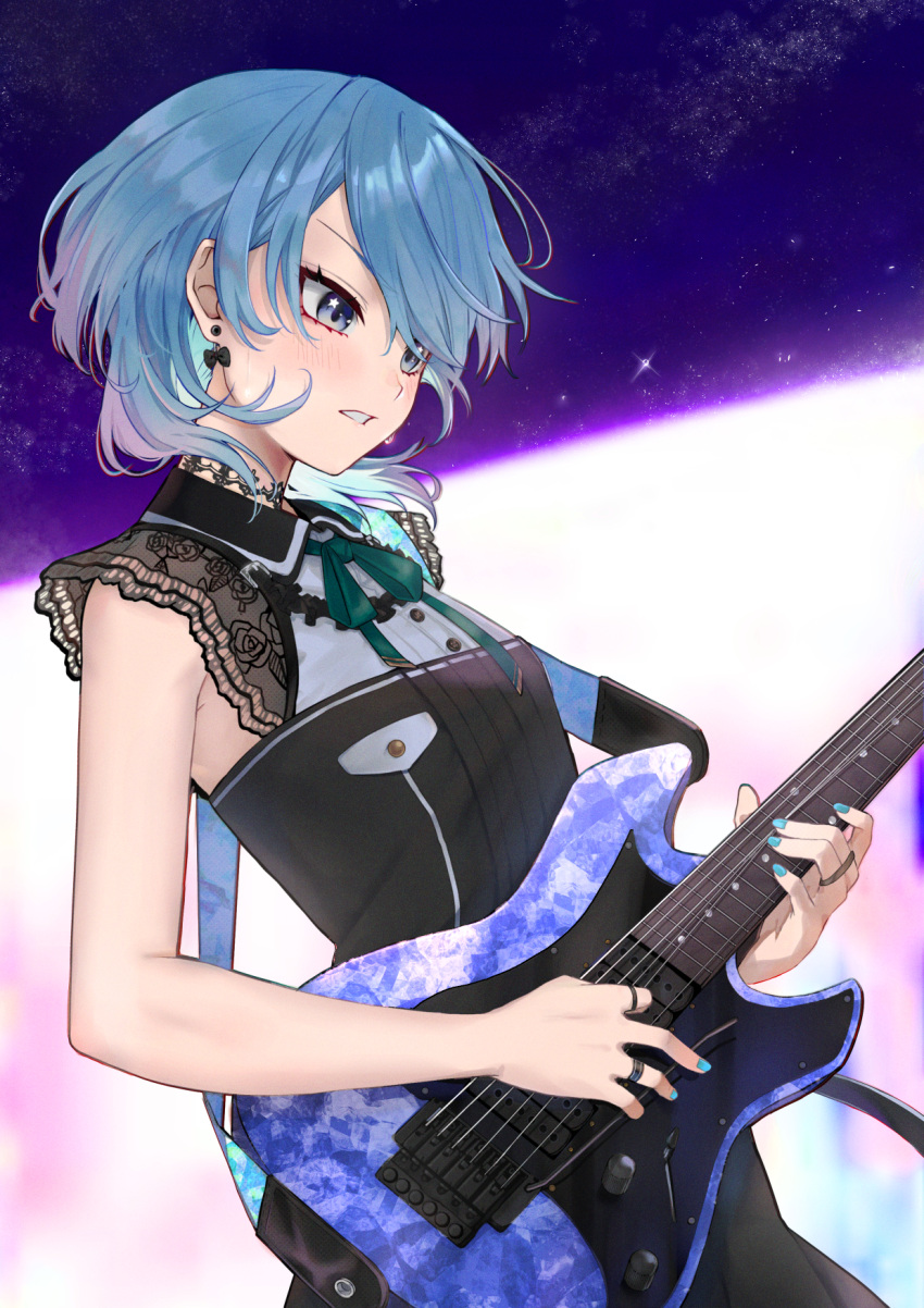 1girl black_dress blue_eyes blue_hair blue_nails blush bow bow_earrings commentary_request dress earrings electric_guitar fingernails green_ribbon guitar highres holding holding_instrument hololive hoshimachi_suisei instrument jewelry looking_down medium_hair music nail_polish neck_ribbon parted_lips playing_instrument ribbon ring saco_(cgmore) single_earring sleeveless sleeveless_dress solo star_(symbol) star_in_eye symbol_in_eye virtual_youtuber