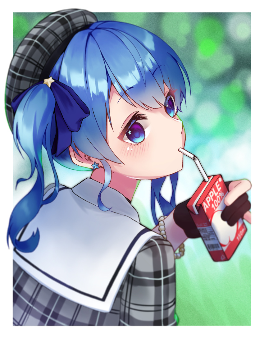 1girl absurdres beret black_gloves blue_eyes blue_hair blue_ribbon blurry blurry_background blush bracelet drinking drinking_straw earrings gloves grey_headwear grey_shirt hat highres hololive hoshimachi_suisei jewelry juice_box looking_at_viewer orwha outdoors partially_fingerless_gloves plaid plaid_headwear plaid_shirt ribbon school_uniform serafuku shirt star_(symbol) symbol_in_eye twintails upper_body virtual_youtuber