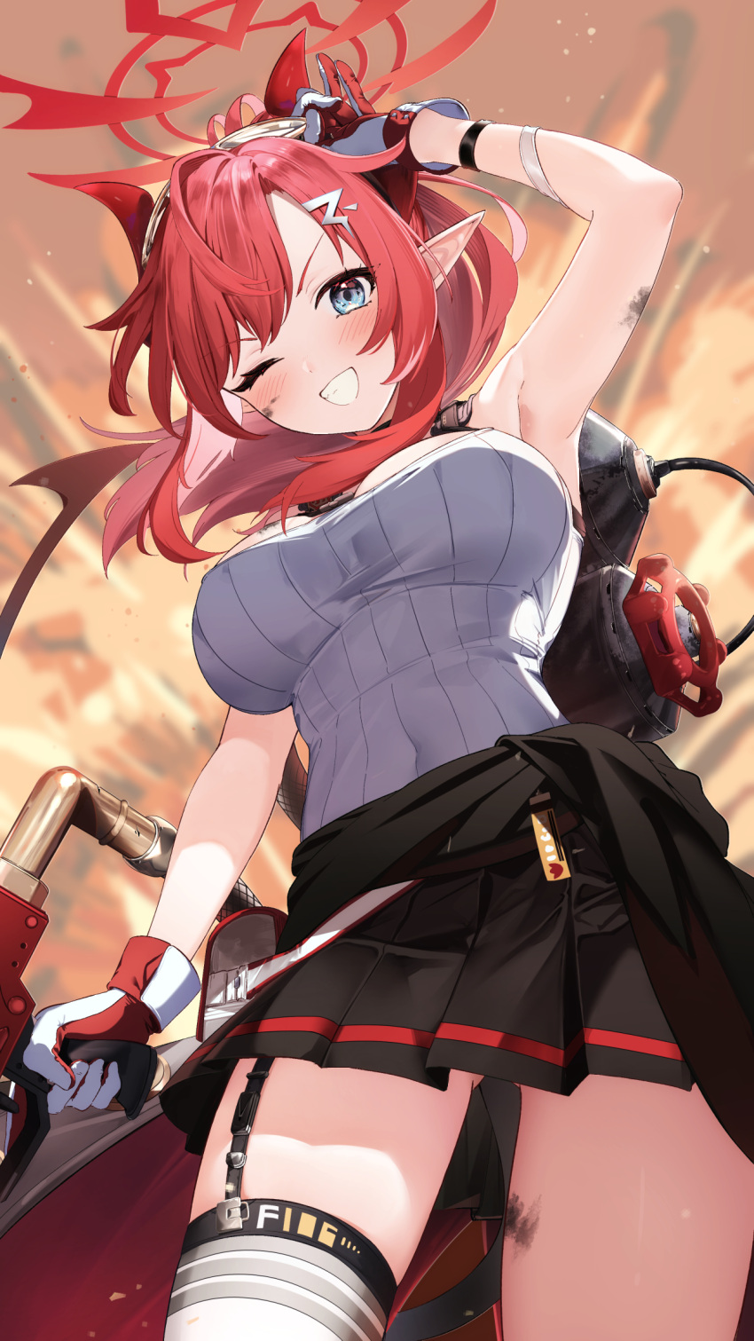 1girl arm_up black_skirt blue_archive blue_eyes blush clothes_around_waist demon_horns demon_tail explosion from_below gas_tank gloves goggles goggles_on_head grin hair_ornament hairclip halo highres holding holding_weapon horns jacket jacket_around_waist legwear_garter looking_at_viewer medium_hair megu_(blue_archive) nokke_o one_eye_closed pleated_skirt pointy_ears red_gloves red_hair red_horns skirt smile solo tail tank_top two-tone_gloves weapon white_gloves