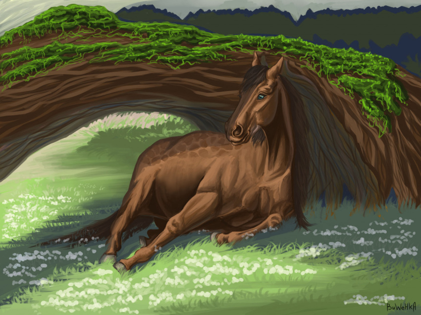 2020 ambiguous_gender blue_eyes brown_body brown_hair brown_mane brown_tail buwehka detailed_background digital_media_(artwork) dolero equid equine feral grass hair hooves horse lying mammal mane moss on_side plant shadow solo tail tree