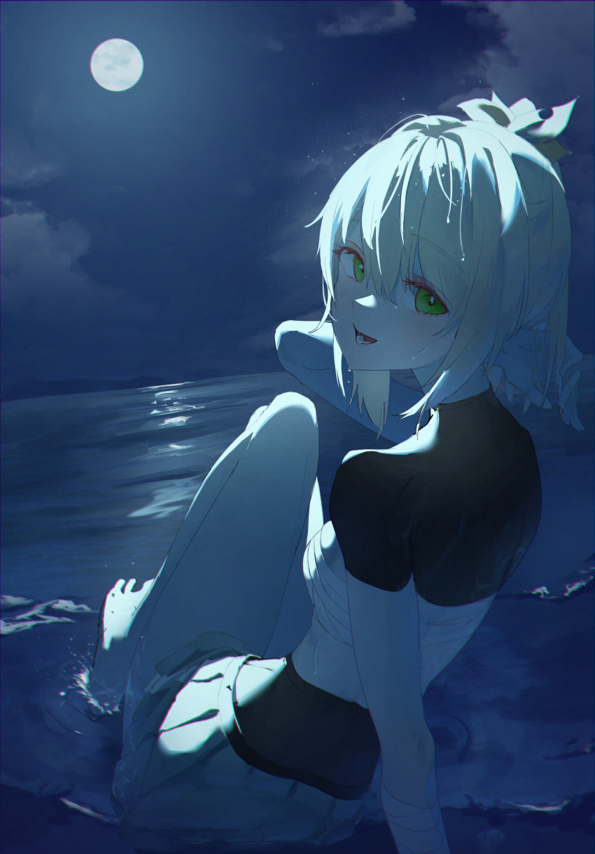 1girl absurdres bare_legs barefoot beach blonde_hair hair_between_eyes highres hololive kazama_iroha looking_at_viewer looking_back moon night night_sky open_mouth ponytail selqf shrug_(clothing) sitting skirt sky smile solo virtual_youtuber water wet