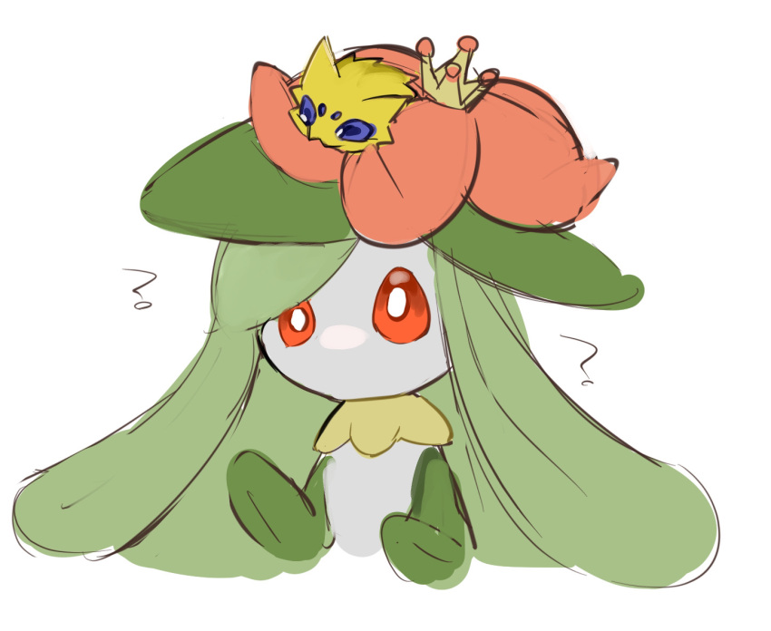 1girl ? bangs blue_eyes bright_pupils colored_skin commentary_request crown flat_chest flower green_hair green_skin hair_flower hair_ornament hands_up joltik lilligant long_hair mini_crown monster_girl multicolored_skin no_mouth on_head plant_girl pokemon pokemon_(creature) pokemon_on_head red_eyes red_flower sidelocks simple_background sketch solo_focus swept_bangs tem_(tem_konp10) two-tone_skin upper_body white_background white_pupils white_skin yellow_headwear