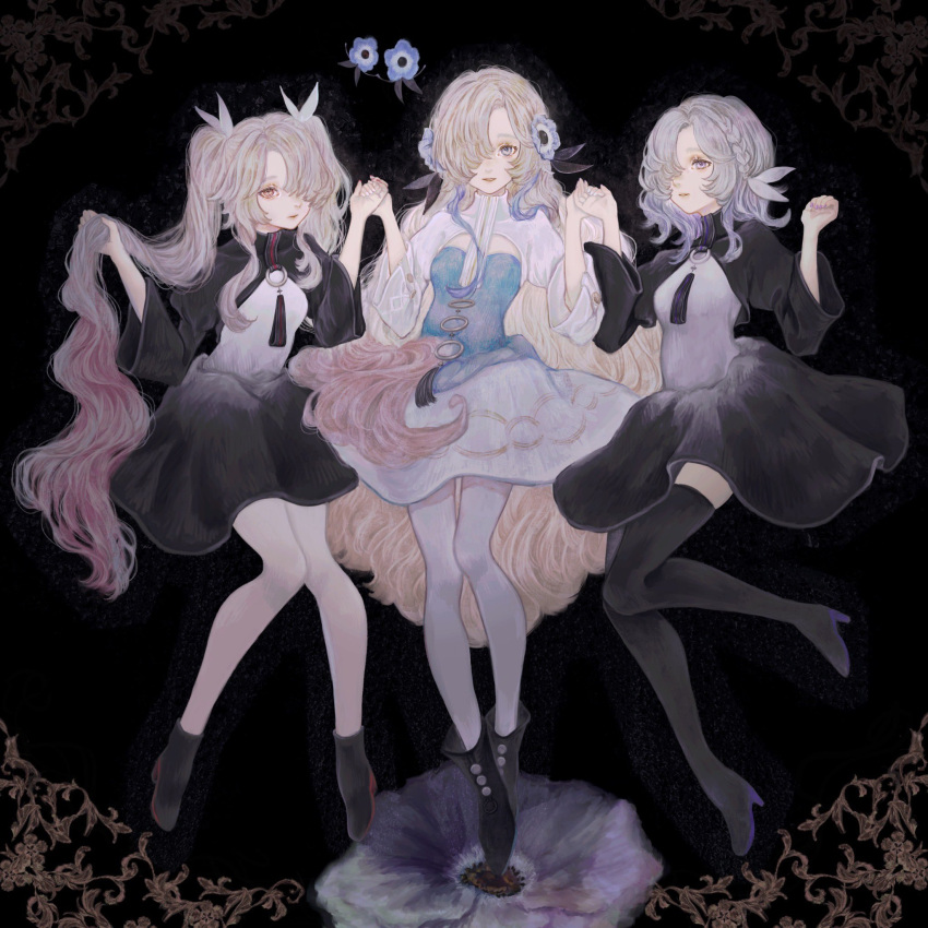 3girls black_background black_dress black_footwear blue_dress blue_eyes blue_hair boots bow braid clone commentary creature dress english_commentary familiar flower full_body gradient_dress gradient_hair hair_bow hair_flower hair_ornament hair_over_one_eye hands_up highres holding holding_hair holding_hands isekai_joucho kamitsubaki_studio light_smile long_hair looking_at_viewer medium_hair multicolored_hair multiple_girls pantyhose parted_lips pink_hair purple_eyes purple_hair red_eyes shirone_(coxo_ii) side_braid thigh_boots twintails two-tone_dress two-tone_hair very_long_hair virtual_youtuber white_dress white_hair white_pantyhose