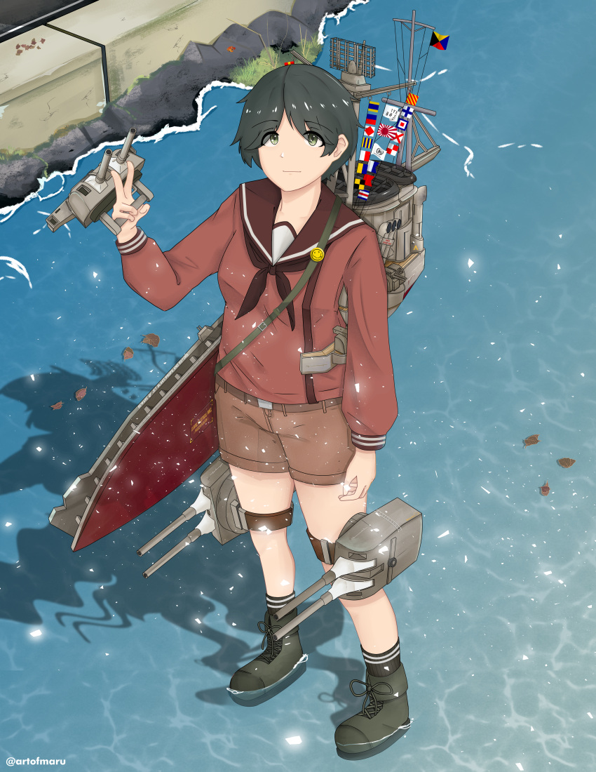 1girl absurdres bananamaru bangs black_socks breasts brown_neckerchief brown_sailor_collar brown_serafuku brown_shirt brown_shorts cannon flag full_body green_eyes green_hair highres kantai_collection long_sleeves mogami_(kancolle) neckerchief outdoors rigging sailor_collar school_uniform serafuku shirt short_hair short_shorts shorts small_breasts smokestack socks solo standing standing_on_liquid swept_bangs thigh_strap turret