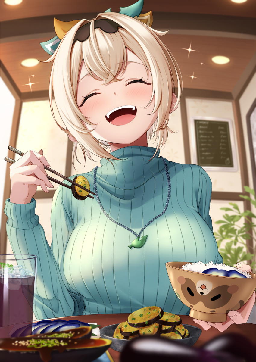 1girl absurdres aqua_shirt bangs blonde_hair blush bowl breasts chopsticks closed_eyes eggplant food hair_ornament hairband highres holding holding_chopsticks hololive jewelry kaigan kazama_iroha large_breasts long_hair long_sleeves looking_at_viewer necklace open_mouth ponytail shirt short_ponytail smile solo striped teeth upper_teeth_only vertical_stripes virtual_youtuber