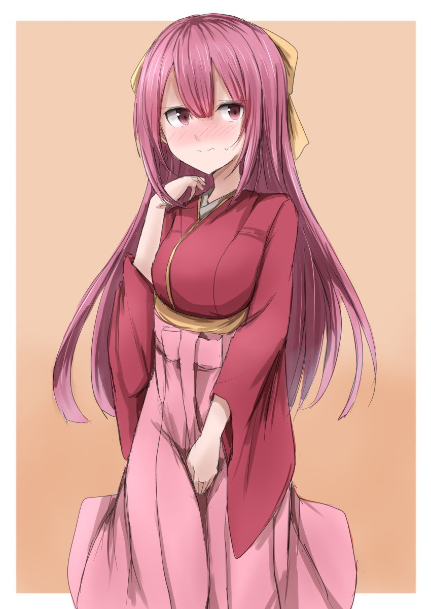 1girl absurdres blush bow breasts commentary_request cowboy_shot hair_bow hakama highres japanese_clothes kamaboko_senshi kamikaze_(kancolle) kantai_collection kimono long_hair medium_breasts meiji_schoolgirl_uniform nose_blush pink_hakama purple_eyes purple_hair red_kimono solo standing yellow_bow