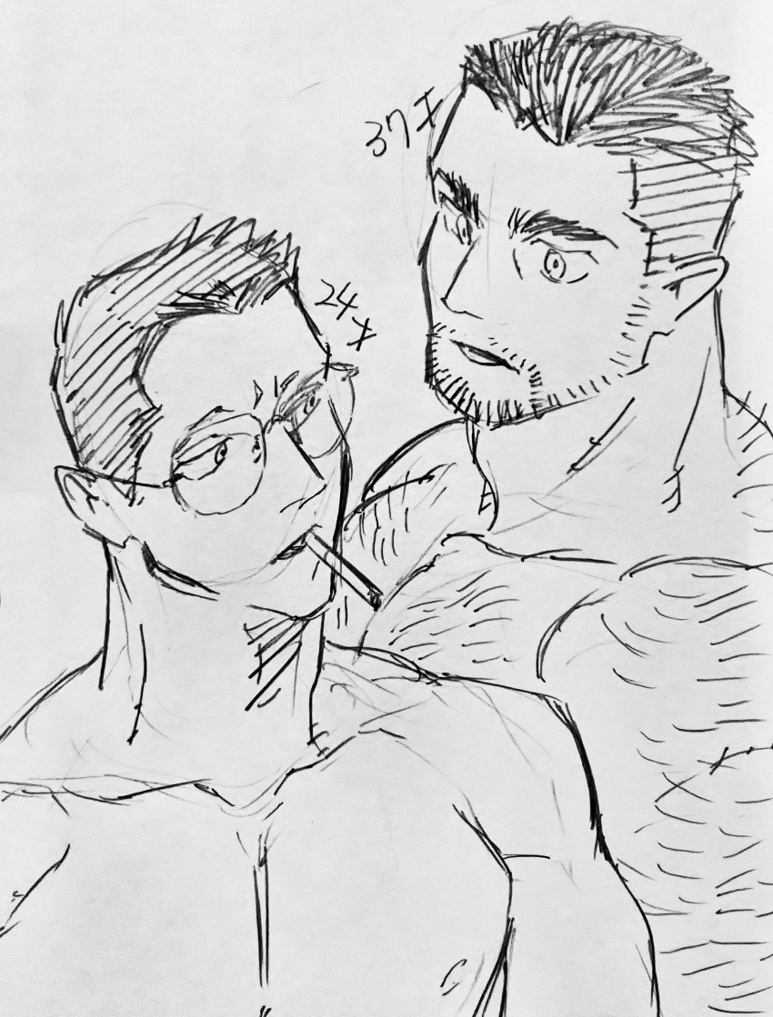 2boys abs absurdres age_switch aged_down aged_up alternate_facial_hair arm_hair bara beard billy_russell_(dickfish) chest_hair cigarette couple dickfish_(fishismdick) facial_hair glasses hairy highres john_rottweil_(dickfish) large_pectorals male_focus mature_male multiple_boys muscular muscular_male mustache nipples nude original pectorals round_eyewear scan short_hair sideburns sketch stomach thick_eyebrows traditional_media translation_request upper_body yaoi