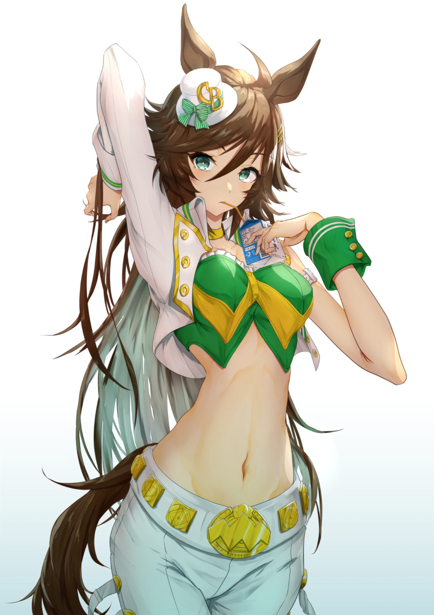 1girl animal_ears breasts brown_hair choker crop_top drink epaulettes green_eyes green_shirt hand_in_own_hair hat highres hirano_masatosh horse_ears horse_girl horse_tail juice_box long_hair medium_breasts midriff mini_hat mini_top_hat mr._c.b._(umamusume) navel pants shirt single_bare_shoulder single_epaulette single_sleeve strapless strapless_shirt tail top_hat umamusume white_background white_pants yellow_choker