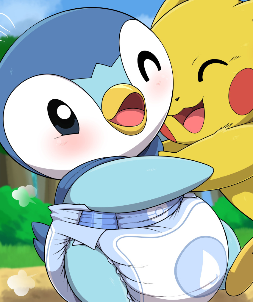 absurd_res ambiguous_gender beak blush bunnykisses diaper duo embrace eyes_closed feral generation_1_pokemon generation_4_pokemon grass hi_res hug nintendo one_eye_closed open_mouth outside pikachu piplup plant pokemon pokemon_(species) poof smile tongue tree