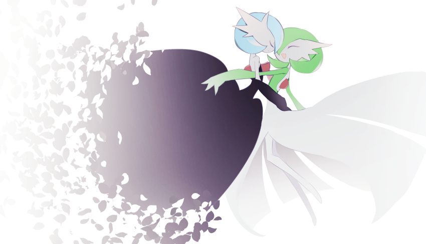 2girls ^_^ alternate_color arm_around_waist bangs bare_shoulders black_dress blue_hair bob_cut closed_eyes closed_mouth colored_skin commentary_request dissolving dress flat_chest from_side full_body gardevoir green_hair green_skin happy highres hug legs mega_gardevoir mega_pokemon multicolored_skin multiple_girls open_mouth petals pokemon pokemon_(creature) shiny_pokemon short_hair simple_background smile strapless strapless_dress tem_(tem_konp10) two-tone_skin u_u white_background white_skin