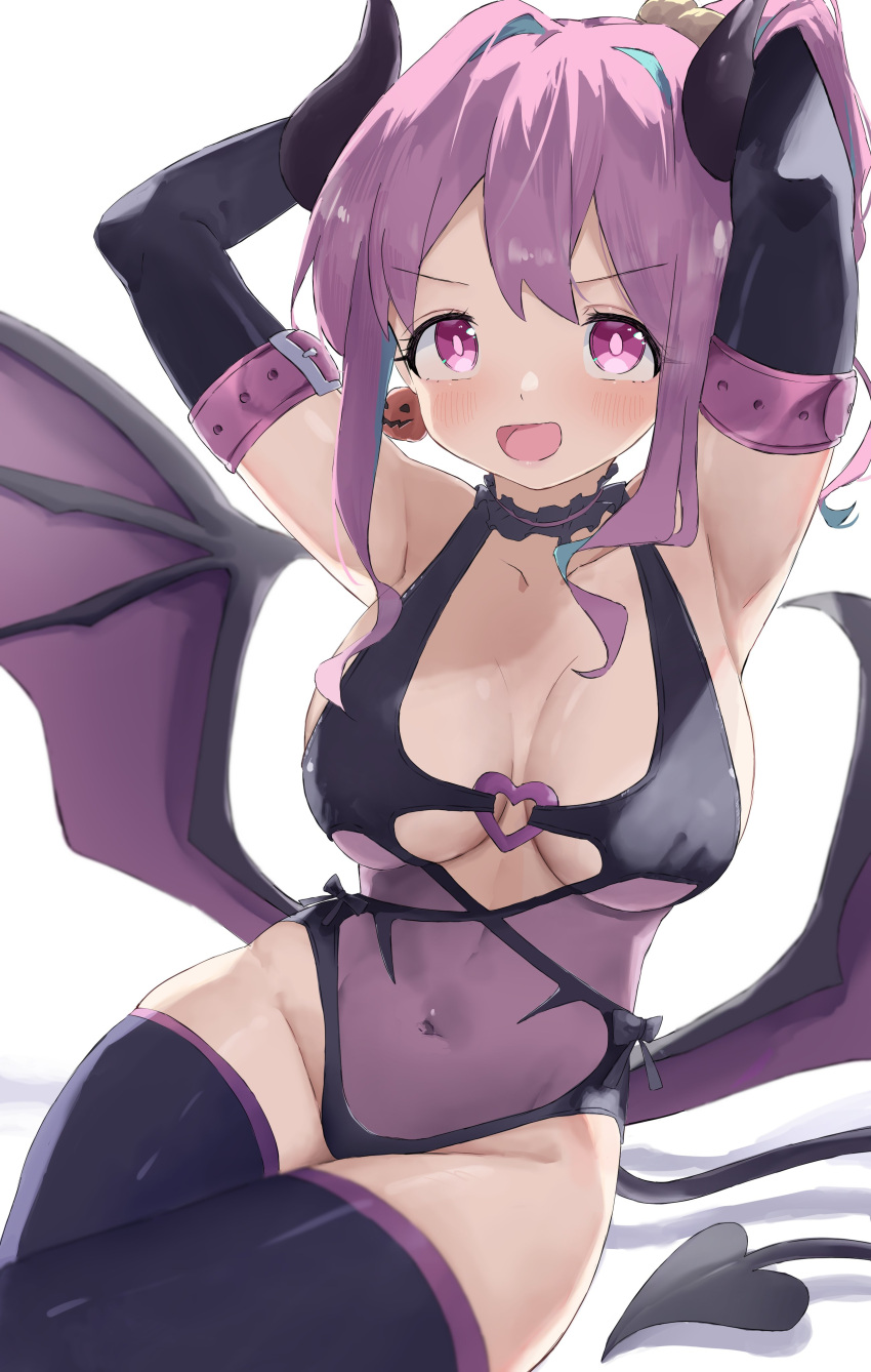 1girl :d absurdres armpits arms_behind_head arms_up bangs black_gloves black_thighhighs blue_hair blush choker collarbone commentary demon_costume demon_tail demon_wings earrings elbow_gloves food-themed_earrings frilled_choker frills gloves gyoku_seisyoku heart_o-ring highres horns hozuki_kaede jewelry large_ears looking_at_viewer multicolored_hair navel official_alternate_costume onii-chan_wa_oshimai! open_mouth pink_eyes pink_hair pumpkin_earrings side_ponytail sidelocks simple_background sitting smile solo tail thighhighs two-tone_hair white_background wings