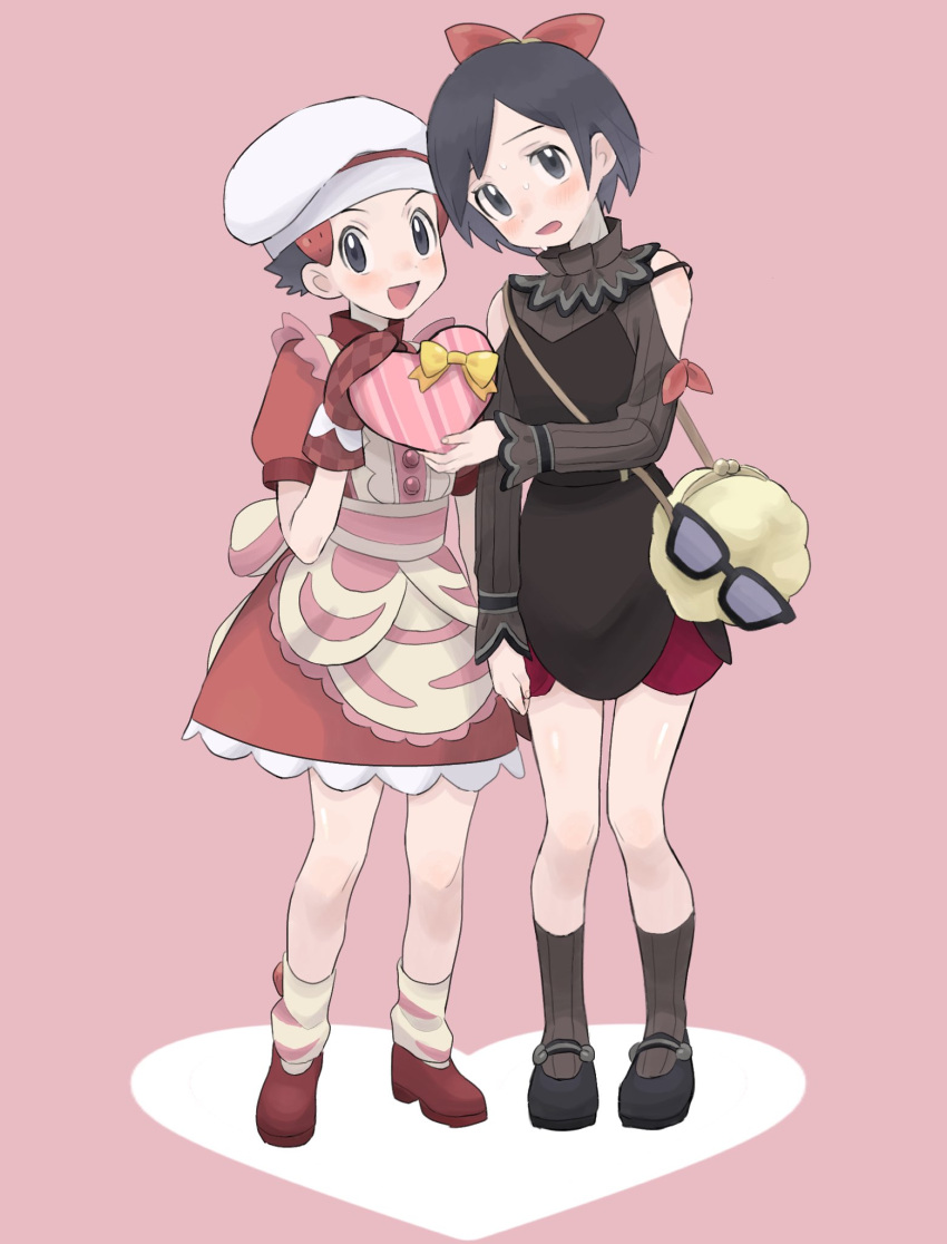 2boys bag bangs black_footwear black_hair blush box buttons calem_(pokemon) chef_hat commentary cosplay crossdressing dawn_(pokemon) dawn_(pokemon)_(cosplay) dress grey_eyes hair_ornament hairclip hat heart-shaped_box highres holding holding_box leg_warmers looking_at_viewer lucas_(pokemon) male_focus multiple_boys open_mouth oven_mitts pink_background pokemon pokemon_(game) pokemon_dppt pokemon_masters_ex pokemon_xy red_dress red_footwear ribbed_socks sana_(37pisana) serena_(pokemon) serena_(pokemon)_(cosplay) shoes short_hair short_sleeves smile standing sunglasses sweat symbol-only_commentary white_headwear