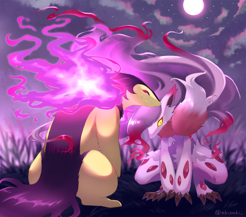 blurry claws closed_mouth commentary_request ebisaki fire hisuian_typhlosion hisuian_zoroark hunched_over looking_at_viewer moon night outdoors pokemon pokemon_(creature) purple_fire sky smile squatting watermark yellow_eyes