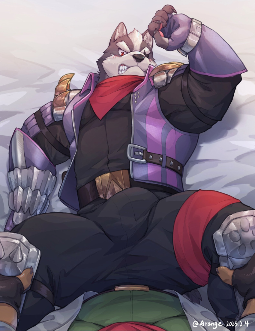 2023 anthro anthro_on_anthro armband armor barazoku bed bedding bedding_background belt big_bulge big_muscles blush bracers bulge canid canine canis clenched_teeth clothed clothing dated duo eye_patch eyebrows eyewear fingerless_gloves first_person_view fox fox_mccloud fur furniture gloves hair handwear hi_res huge_muscles huge_thighs jacket jumpsuit kemono knee_pads looking_at_viewer lying male male/male mammal muscular muscular_anthro muscular_male neckerchief nintendo on_back on_bed open_clothing open_jacket open_topwear pauldron solo_focus spread_legs spreading star_fox teeth text thick_thighs topwear tuft url wolf wolf_o'donnell youhei79384157