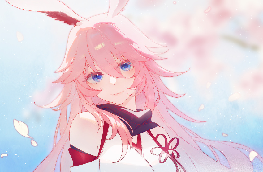 1girl animal_ears bare_shoulders blue_eyes blue_sky blurry blurry_background breasts closed_mouth commentary_request depth_of_field fox_ears head_tilt highres honkai_(series) honkai_impact_3rd japanese_clothes kimono long_hair looking_at_viewer medium_breasts petals pink_hair silence_(pixiv18541142) sky sleeveless sleeveless_kimono smile solo upper_body white_kimono yae_sakura
