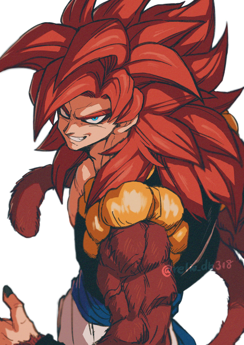 1boy absurdres artist_name biceps black_nails black_vest blue_eyes blue_sash body_fur dragon_ball dragon_ball_gt fingernails gogeta grin highres long_hair looking_at_viewer male_focus metamoran_vest monkey_tail muscular muscular_male pants red_fur red_hair relio_db318 sash simple_background smile solo spiked_hair standing super_saiyan super_saiyan_4 tail teeth twitter_username v-shaped_eyebrows veins vest white_background white_pants