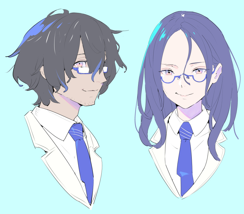 1boy 1girl ahoge bangs black_hair blue-framed_eyewear blue_archive blue_background blue_hair blue_necktie closed_mouth collared_shirt cropped_torso dark-skinned_male dark_skin enkyo_yuuichirou female_sensei_(blue_archive) forehead glasses hair_over_one_eye highres jacket looking_at_viewer multicolored_hair necktie parted_bangs portrait purple_hair red_eyes semi-rimless_eyewear sensei_(blue_archive) shirt simple_background smile streaked_hair under-rim_eyewear white_jacket white_shirt