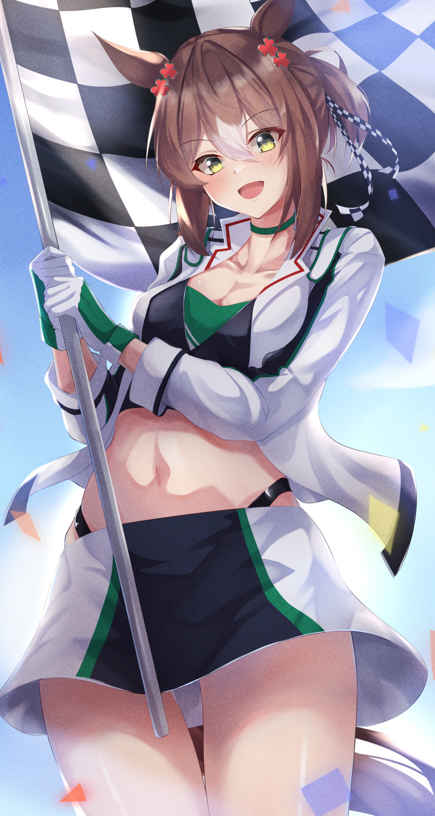 1girl absurdres alternate_costume animal_ears breasts brown_hair cleavage commentary_request commission covered_collarbone fine_motion_(umamusume) flag folded_ponytail gloves green_eyes highres horse_ears horse_tail looking_at_viewer medium_breasts midriff navel nayuta0603 open_mouth skeb_commission sky solo tail umamusume